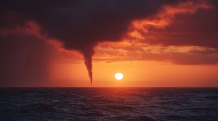 Obraz premium A dramatic waterspout forms over the ocean at sunset with vibrant red clouds