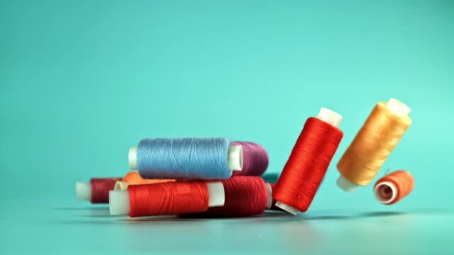 Multi-colored threads fall on the table. Filmed on a high-speed camera at 1000 fps. High quality FullHD footage