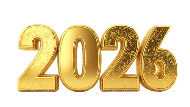 Golden 2026 year numbers on black background for new year celebrations