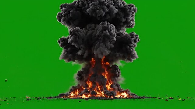 Massive fiery explosion erupts with dark smoke against a green screen backdrop