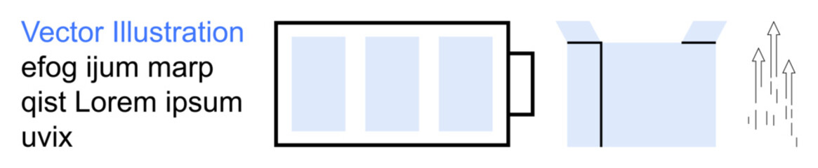 Renewable energy, packaging, efficiency, innovation, recycling, sustainability. Battery alongside a box and arrows showing upward motion. Renewable energy and recycling