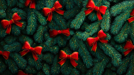 Pattern of fir branches decorated with red bows, festive Christmas background for wrapping designs, seasonal graphics, holiday templates, and decorative visuals.