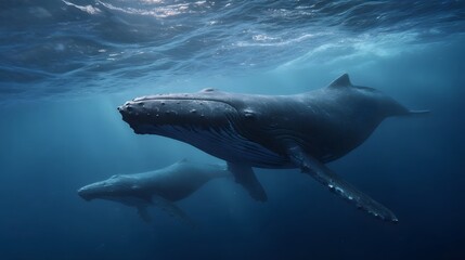Fototapeta premium Two majestic humpback whales swim gracefully through deep blue ocean waters with light filtering from the surface