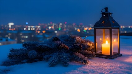 Christmas lantern on snow with pine branches, pinecones, berries, snowy rooftop, warm candlelight, cold night sky, twinkling city lights, cinematic 8K
