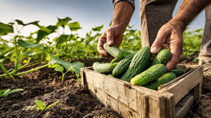 Close-up of farmers hands collecting cucumbers at dawn in a fertile field, showcasing the rich bounty in a rustic wooden box on the ground