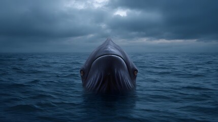 Majestic whale emerges from dark choppy sea under dramatic stormy clouds