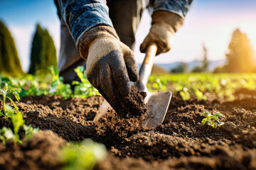 Close-up of gloved hands skillfully digging soil with a shovel amidst a vibrant plantation, showcasing the connection to agriculture and nature in daylight
