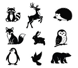 Woodland Animal Silhouettes Vector Set. Cute Forest Wildlife Clipart Collection.