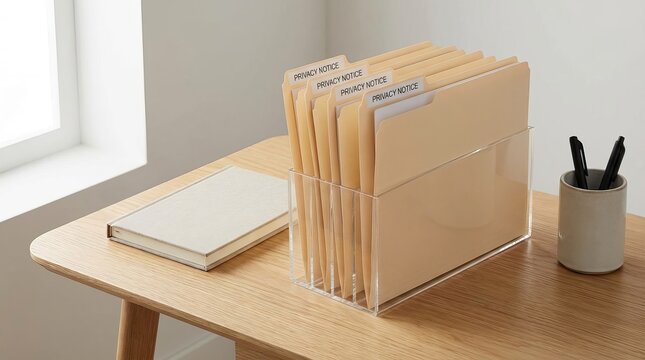 Organized file folders labeled “Privacy Notice” neatly arranged on a modern office desk, highlighting a professional workspace focused on documentation - Powered by Adobe