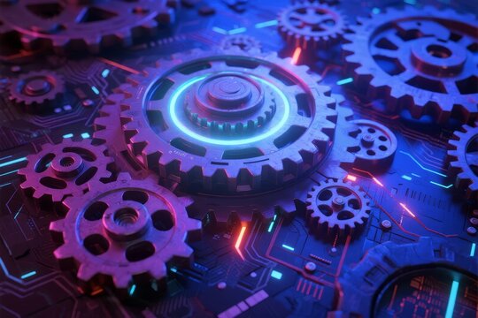 Interlocking mechanical gears with glowing circuitry and neon lighting in a futuristic technological setting