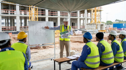 Man explaining safety and civil protection during a training session on a construction site