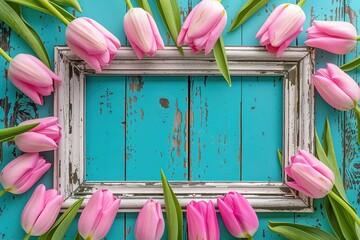 Fresh pink tulips frame a vibrant turquoise background with rustic charm appeal