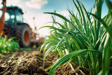 Close-up view of lush green plantings during harvest season. Bright sunlight illuminates the scene while agricultural machinery stands ready in the background