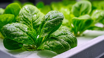 Fresh spinach thrives in a high-tech hydroponic setup, showcasing shiny green leaves adorned with dew drops in a well-lit environment
