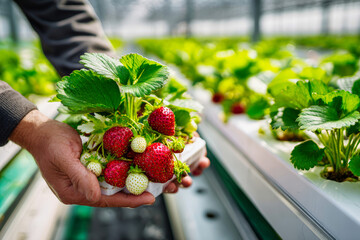 Farmer's hands showcase a lush strawberry bush with ripe berries in a bright indoor farm, surrounded by rows of pots in an eco-friendly setup