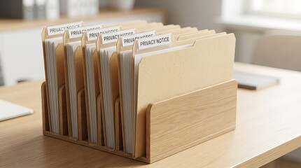 Organized file folders labeled “Privacy Notice” neatly arranged on a modern office desk, highlighting a professional workspace focused on documentation