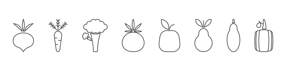 Vector outline icons vegetables and fruits set isolated on white background