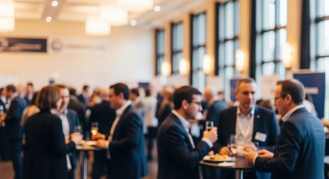 Conference Networking Blur &ndash; A high-quality defocused scene of professionals mingling and exchanging contacts