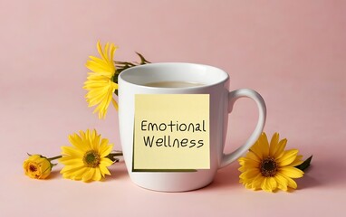 Mug with flowers and note written EMOTIONAL WELLNESS - awareness, understanding and acceptance of our feelings, and our ability to manage effectively through challenges and change