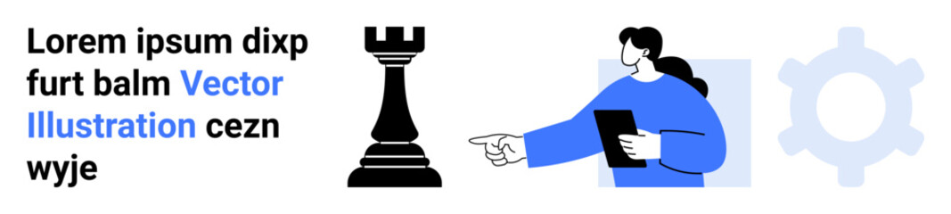 Business strategy, decision-making, problem solving, planning, teamwork, leadership. Chess rook with a person pointing and holding a tablet. Business strategy and decision-making concept © robu_s