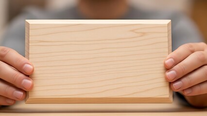 Person presenting an empty wooden sign for personalized design space