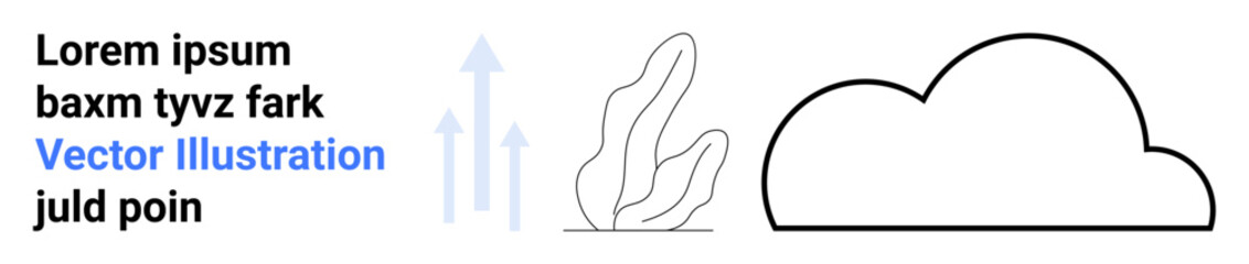 Growth, environment, sustainability, progress, nature conservation, climate change. Black cloud outline, a plant and upward arrows. Growth and environment concepts