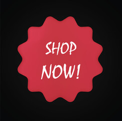 Red starburst with shop now text on black background
