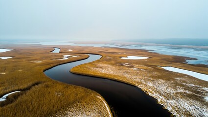 Aerial view of winding river through marshland in winter