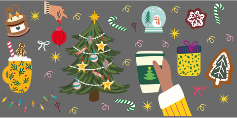 A cozy Christmas illustration collection featuring a decorated tree, holiday ornaments, candy canes, hot drinks in festive mugs, gingerbread cookies, snow globe, and wrapped gifts