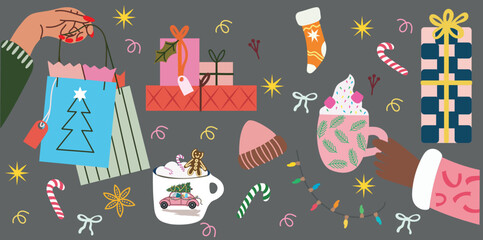 Playful Christmas illustration featuring a girl carrying presents, a pink retro car with a decorated tree, holiday lights, hot cocoa, candy canes, and festive winter accessories.