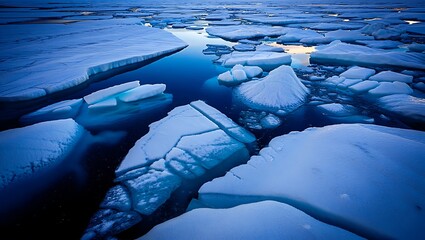 Icy arctic landscape with snow covered mountain reflection.