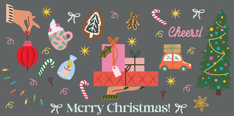 A festive Christmas illustration set featuring ornaments, candy canes, holiday mugs, wrapped gifts, gingerbread cookies, and cozy winter drinks. Bright playful elements on a dark background