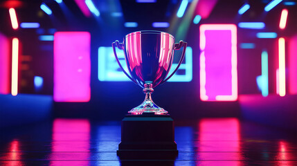 A dazzling sports trophy shines under colorful neon lights on stage, highlighting the achievement in a festive atmosphere filled with anticipation and excitement