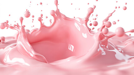 In a detailed display, a dynamic splash of strawberry milk creates a colorful scene against a white backdrop, highlighting its rich texture and hues