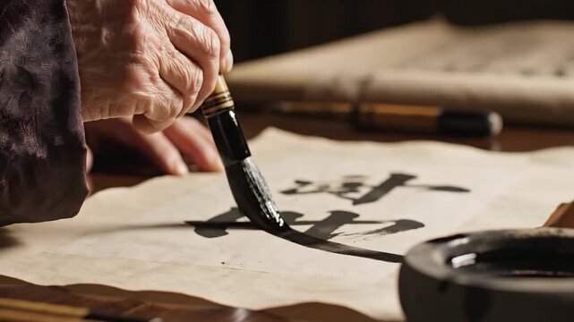 Close-up of an elderly persons hands meticulously practicing traditional Chinese calligraphy with a brush and ink on aged paper showcasing cultural heritage and artistic skill.