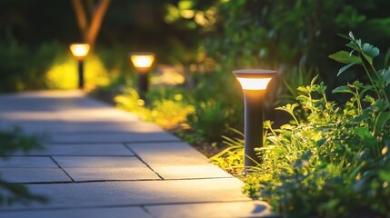 Illuminated garden path at night with landscape lighting