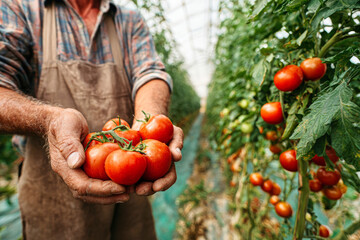 A farmer stands in a vibrant tomato greenhouse, showcasing ripe tomatoes in hands. The scene captures the essence of agriculture and fresh produce