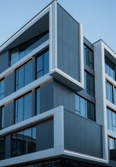 Obraz premium Sleek contemporary architecture with illuminated edges under blue sky