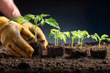 Gloved hands carefully place tomato seedlings into soil, preparing them for growth. A watering can sits nearby, ready to provide hydration