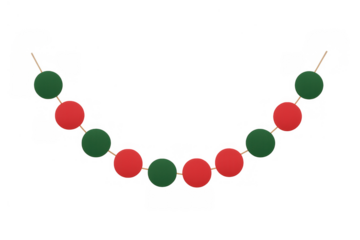 Christmas holiday garland decorating with red and green felt circles on a string, transparent background
