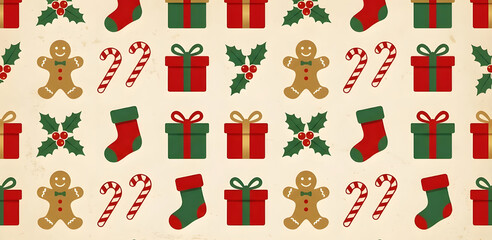 Naklejka premium Seamless vintage Christmas pattern with gingerbread men, candy canes, and gifts. Retro flat design holiday background with red and green elements on beige paper texture.