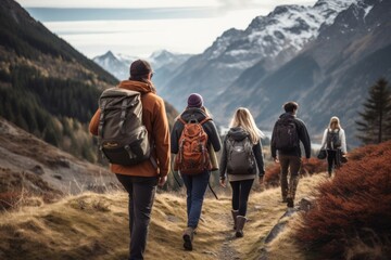 Friends hiking together backpacking recreation adventure.