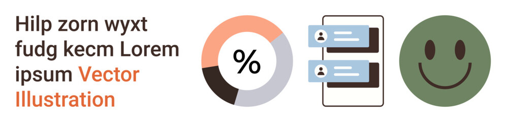 Data analysis, communication, user feedback, social media interfaces, digital metrics, online interaction. Pie chart, chat boxes and a happy face. Data analysis and communication concepts