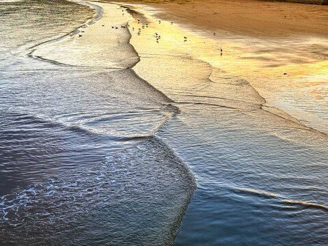 Small waves gently lapping on a sandy beach at dusk. No people. Copy space,