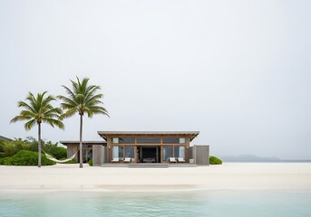 Fototapeta premium Seaside Retreat, Tranquil Modern Villa with Palm Trees by Turquoise Ocean