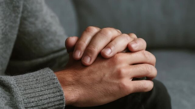 Hands clasped together in prayer, blurry background.
