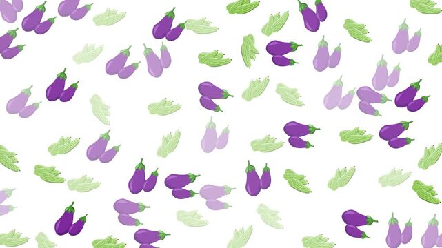 Pattern of eggplants and green leaves on white, ideal for food blogs, recipe cards, menu designs, and kitchenthemed projects.