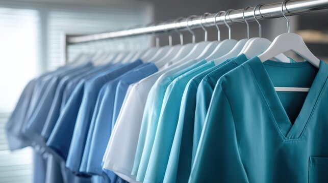 Row of nurse uniforms hanging on a stainless steel rack in a clean clinical wardrobe