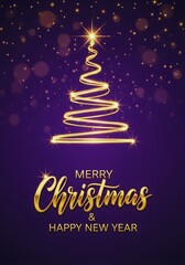Elegant Christmas Tree with Golden Light on Purple Background – Merry Christmas & Happy New Year Greetings
