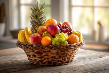 Rustic wicker fruit basket on a wooden table with a colorful assortment of fresh fruit